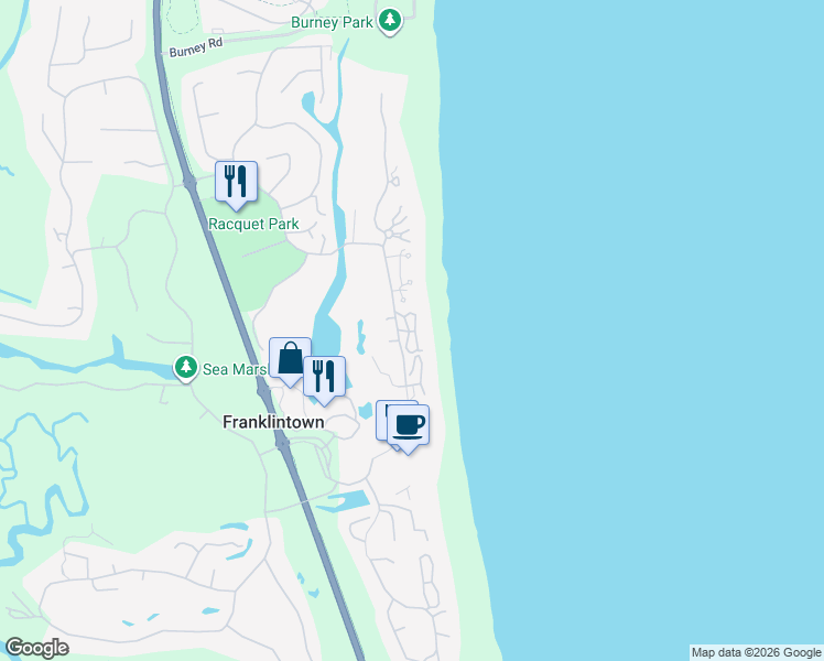 map of restaurants, bars, coffee shops, grocery stores, and more near 463 Beachside Place in Fernandina Beach