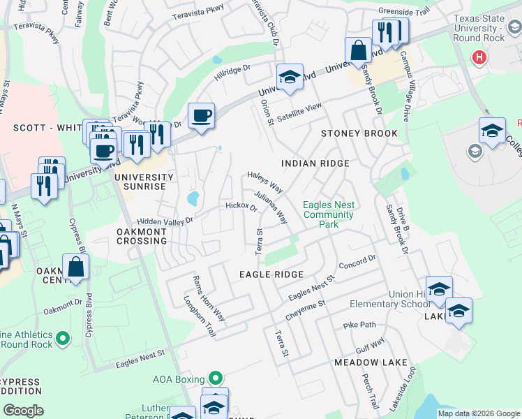 map of restaurants, bars, coffee shops, grocery stores, and more near 3803 Julianas Way in Round Rock