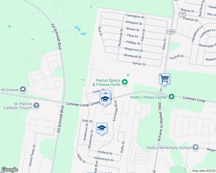 map of restaurants, bars, coffee shops, grocery stores, and more near 136 Finley Street in Hutto