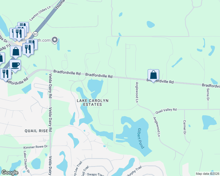 map of restaurants, bars, coffee shops, grocery stores, and more near 7582 Bowling Green Drive in Tallahassee