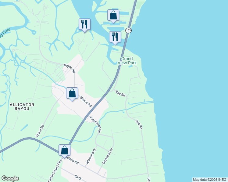 map of restaurants, bars, coffee shops, grocery stores, and more near 6350 Bay Road in Mobile