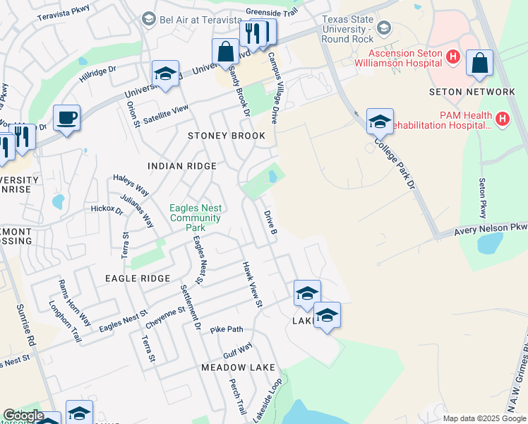 map of restaurants, bars, coffee shops, grocery stores, and more near 3651 Sandy Brook Drive in Round Rock