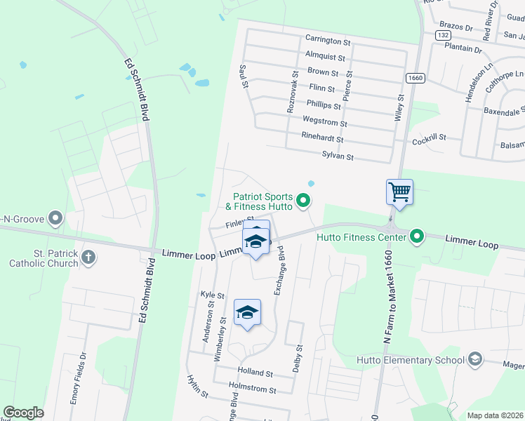map of restaurants, bars, coffee shops, grocery stores, and more near 136 Finley Street in Hutto