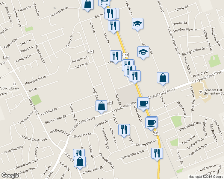 map of restaurants, bars, coffee shops, grocery stores, and more near 1501 Glass Dr in Leander