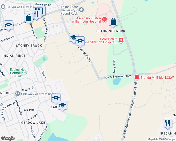 map of restaurants, bars, coffee shops, grocery stores, and more near 4100 College Park Drive in Round Rock