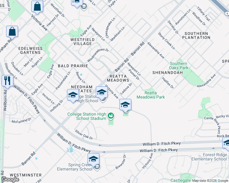 map of restaurants, bars, coffee shops, grocery stores, and more near 4002 Bittern Drive in College Station