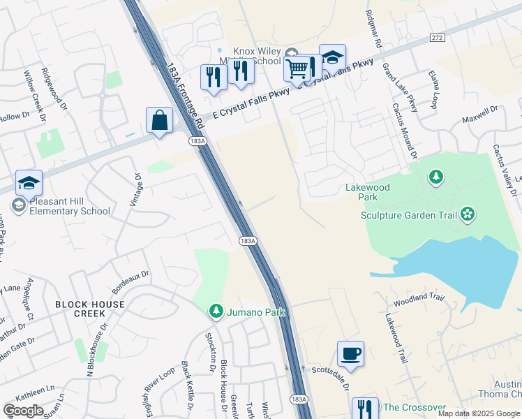 map of restaurants, bars, coffee shops, grocery stores, and more near 10744 East Crystal Falls Parkway in Leander