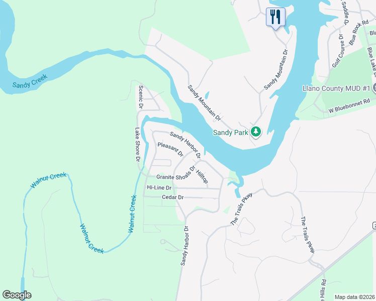 map of restaurants, bars, coffee shops, grocery stores, and more near 701 Sandy Harbor Drive in Horseshoe Bay