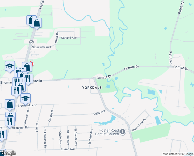 map of restaurants, bars, coffee shops, grocery stores, and more near 6941 Comite Drive in Baker