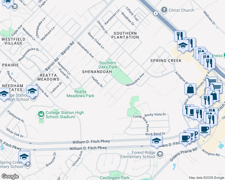 map of restaurants, bars, coffee shops, grocery stores, and more near 1204 Robinsville Court in College Station