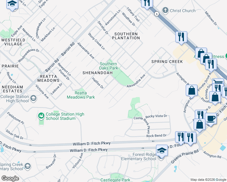 map of restaurants, bars, coffee shops, grocery stores, and more near 1204 Robinsville Court in College Station