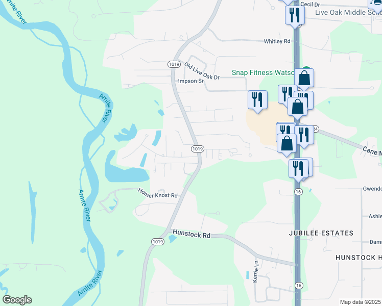 map of restaurants, bars, coffee shops, grocery stores, and more near 7431 Lake Meadow Drive in Denham Springs