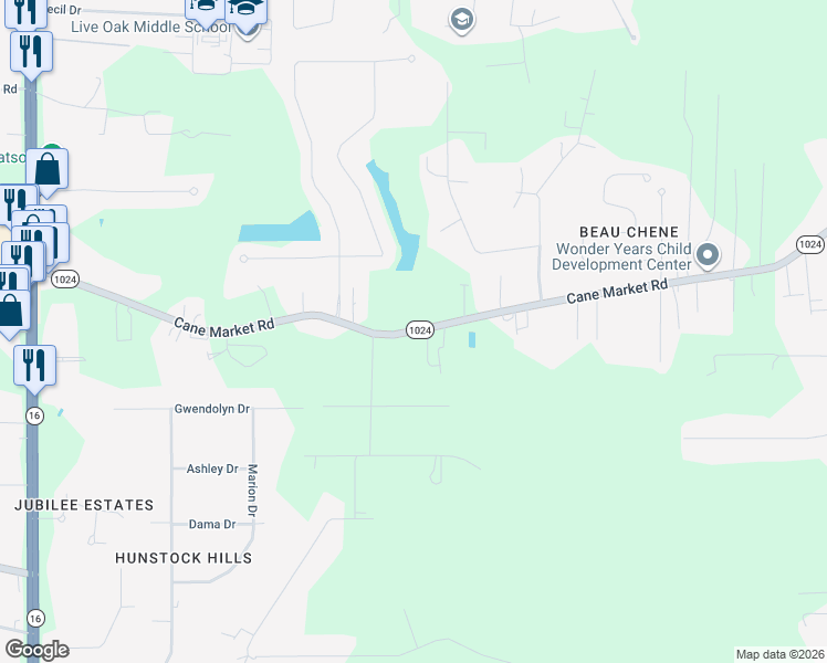 map of restaurants, bars, coffee shops, grocery stores, and more near 35976 Cane Market Road in Denham Springs