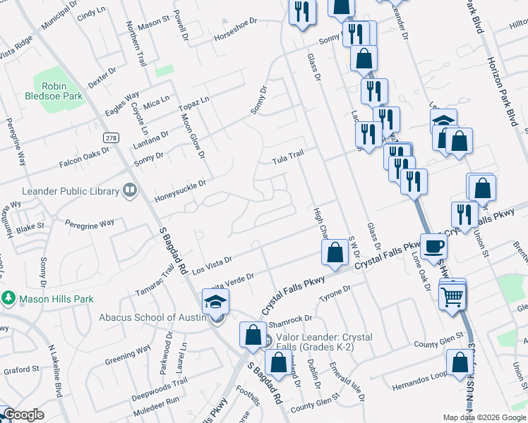 map of restaurants, bars, coffee shops, grocery stores, and more near 604 John Muir Trail in Leander