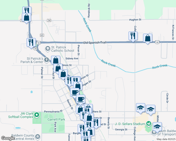 map of restaurants, bars, coffee shops, grocery stores, and more near 22950 Lincoln Street in Robertsdale