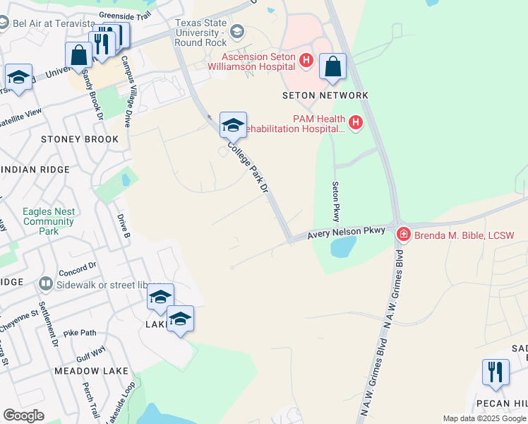 map of restaurants, bars, coffee shops, grocery stores, and more near 4100 College Park Drive in Round Rock