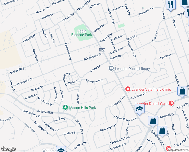 map of restaurants, bars, coffee shops, grocery stores, and more near 1350 Sonny Drive in Leander