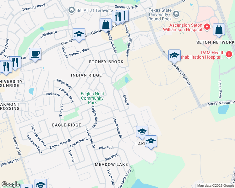 map of restaurants, bars, coffee shops, grocery stores, and more near 3648 Sandy Brook Drive in Round Rock