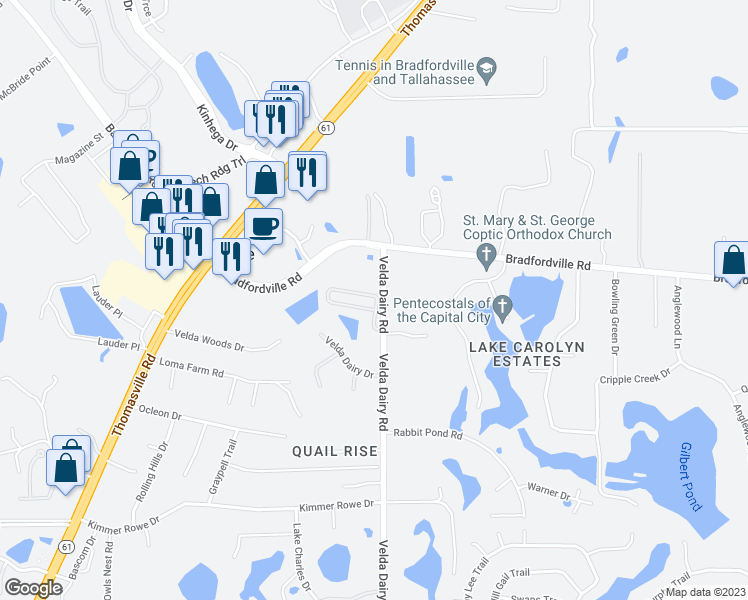 map of restaurants, bars, coffee shops, grocery stores, and more near 3673 Velda Oaks Circle in Tallahassee