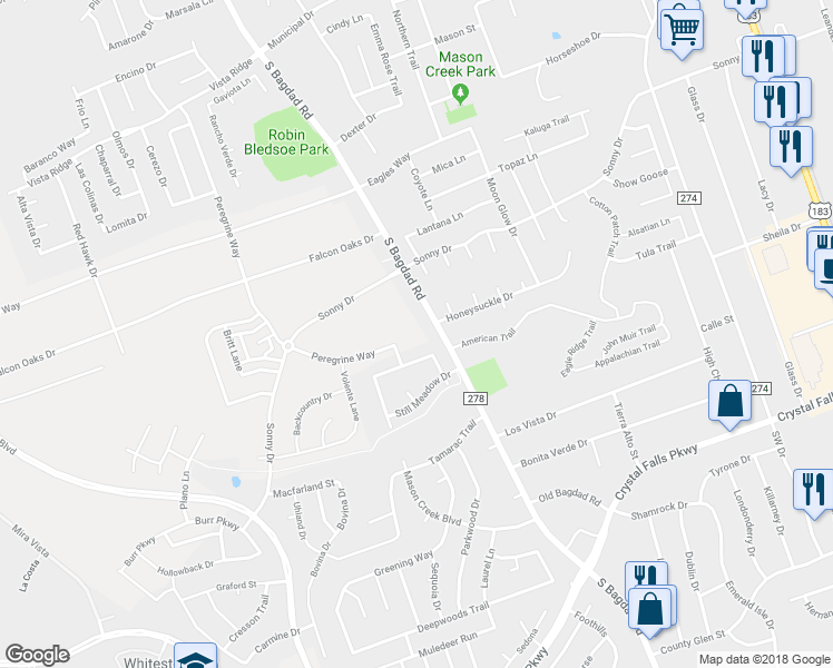 map of restaurants, bars, coffee shops, grocery stores, and more near 1101 South Bagdad Road in Leander