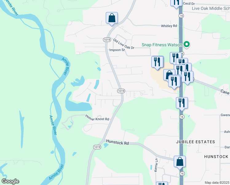 map of restaurants, bars, coffee shops, grocery stores, and more near 7431 Lake Meadow Drive in Denham Springs