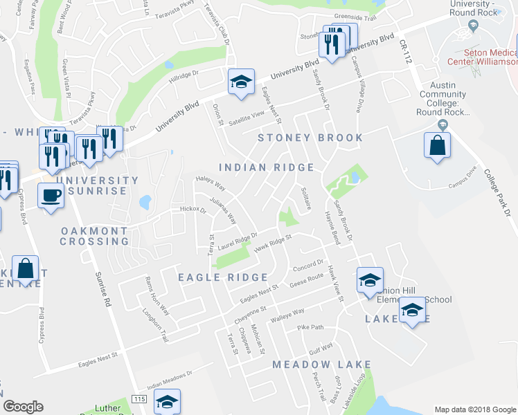 map of restaurants, bars, coffee shops, grocery stores, and more near 1308 Pigeon View Street in Round Rock