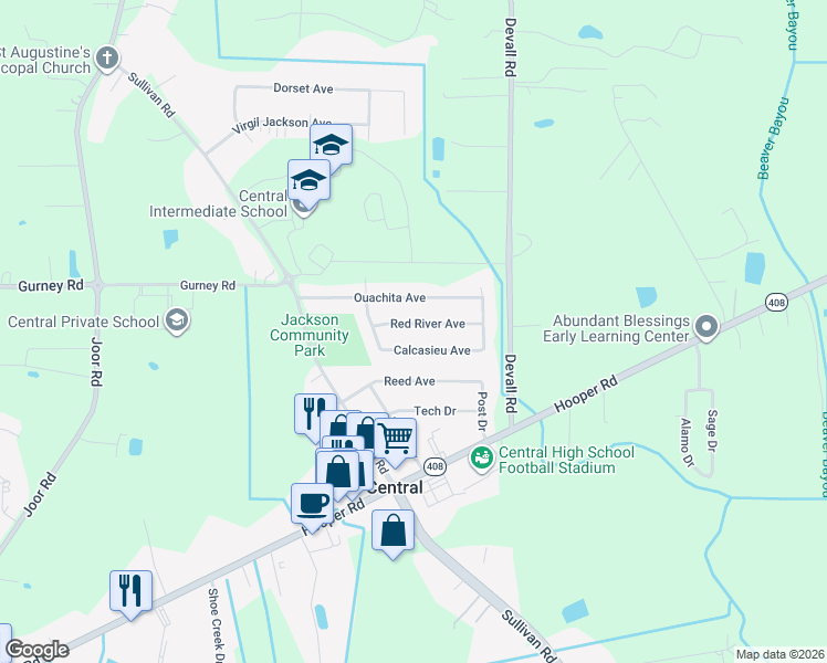 map of restaurants, bars, coffee shops, grocery stores, and more near 13705 Red River Avenue in Baton Rouge