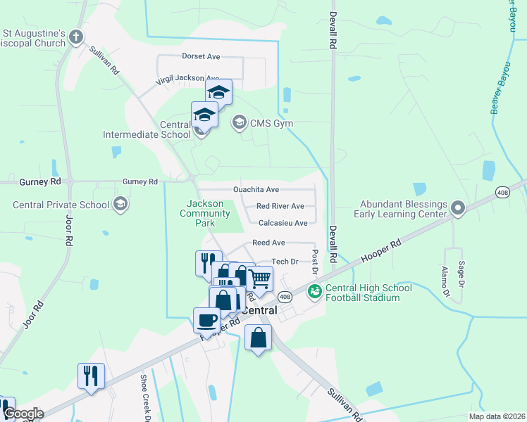 map of restaurants, bars, coffee shops, grocery stores, and more near 13705 Red River Avenue in Baton Rouge