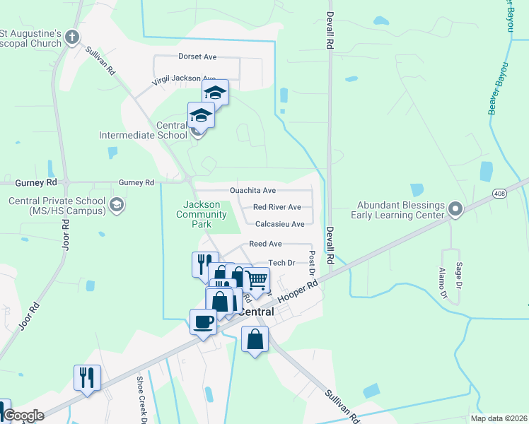 map of restaurants, bars, coffee shops, grocery stores, and more near 13705 Red River Avenue in Baton Rouge