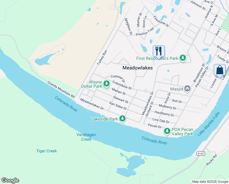 map of restaurants, bars, coffee shops, grocery stores, and more near 266 Quail in Meadowlakes