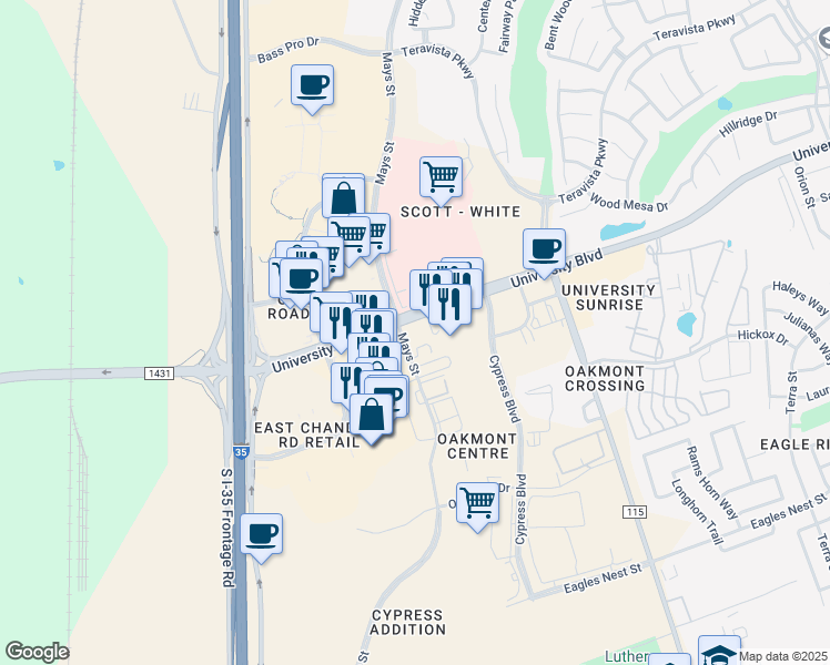 map of restaurants, bars, coffee shops, grocery stores, and more near 4081 North Mays Street in Round Rock