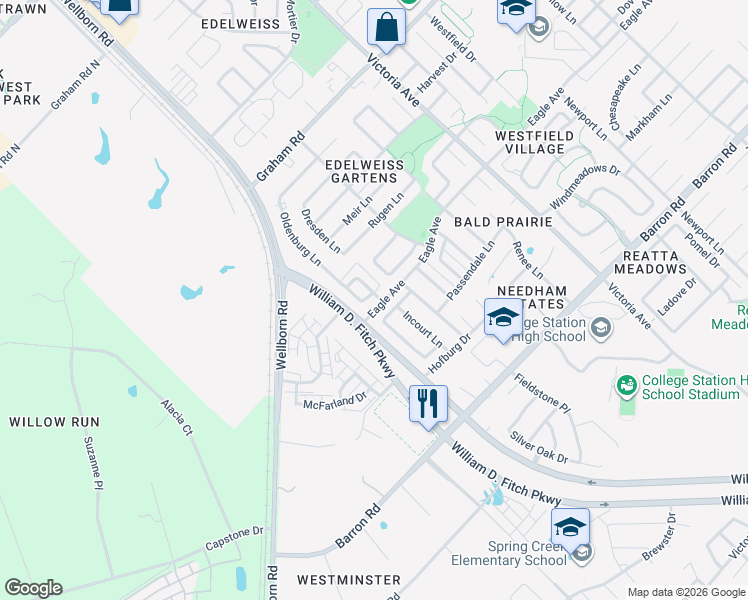 map of restaurants, bars, coffee shops, grocery stores, and more near 3868 Oldenburg Lane in College Station