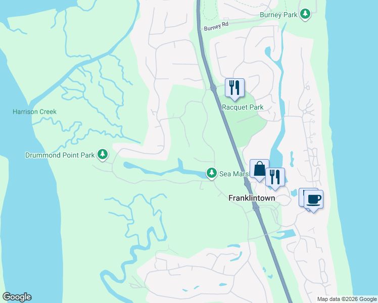 map of restaurants, bars, coffee shops, grocery stores, and more near 14 Willow Pond Road in Fernandina Beach