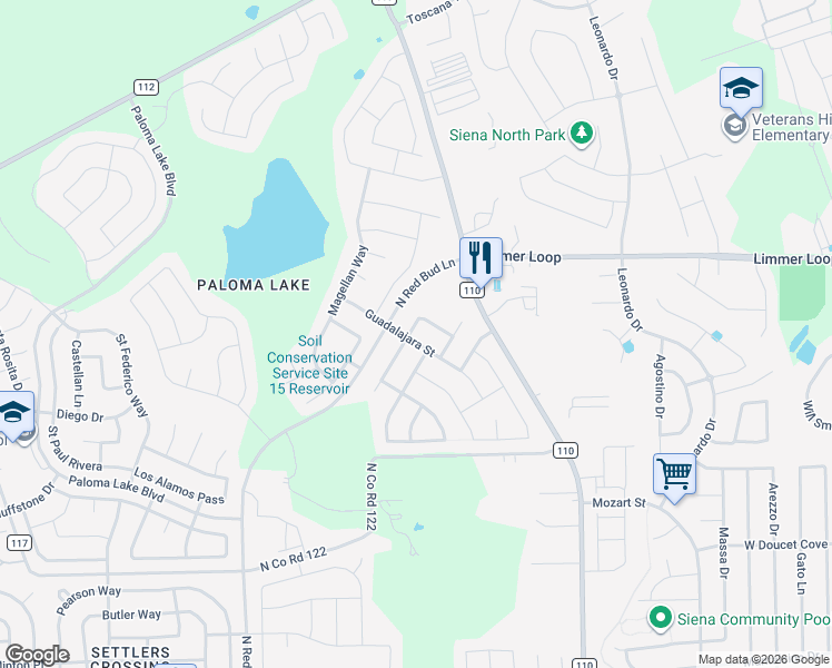 map of restaurants, bars, coffee shops, grocery stores, and more near 3410 Guadalajara Street in Round Rock