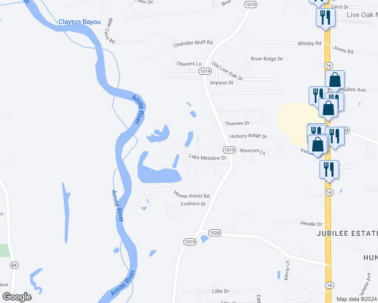 map of restaurants, bars, coffee shops, grocery stores, and more near 7333 Lake Meadow Drive in Denham Springs
