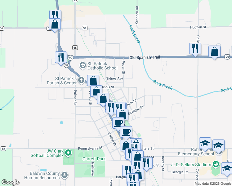 map of restaurants, bars, coffee shops, grocery stores, and more near 18330 Indiana Street in Robertsdale