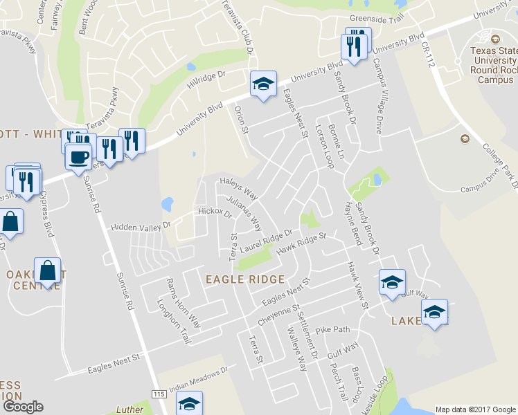 map of restaurants, bars, coffee shops, grocery stores, and more near 3717 Haleys Way in Round Rock