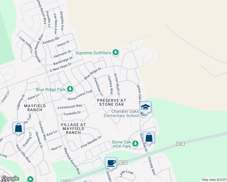 map of restaurants, bars, coffee shops, grocery stores, and more near 3319 Cantera Way in Round Rock