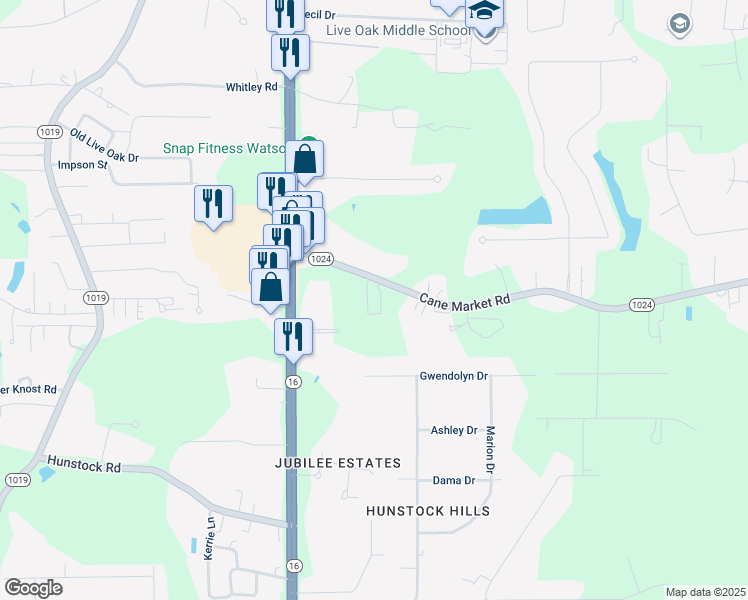 map of restaurants, bars, coffee shops, grocery stores, and more near 36409 Cane Market Road in Denham Springs