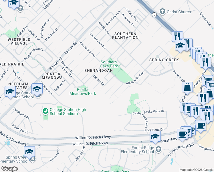 map of restaurants, bars, coffee shops, grocery stores, and more near 1111 Harrisonburg Lane in College Station
