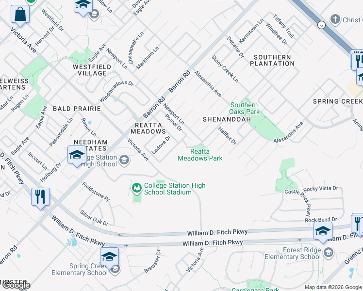 map of restaurants, bars, coffee shops, grocery stores, and more near 926 Barchetta Drive in College Station