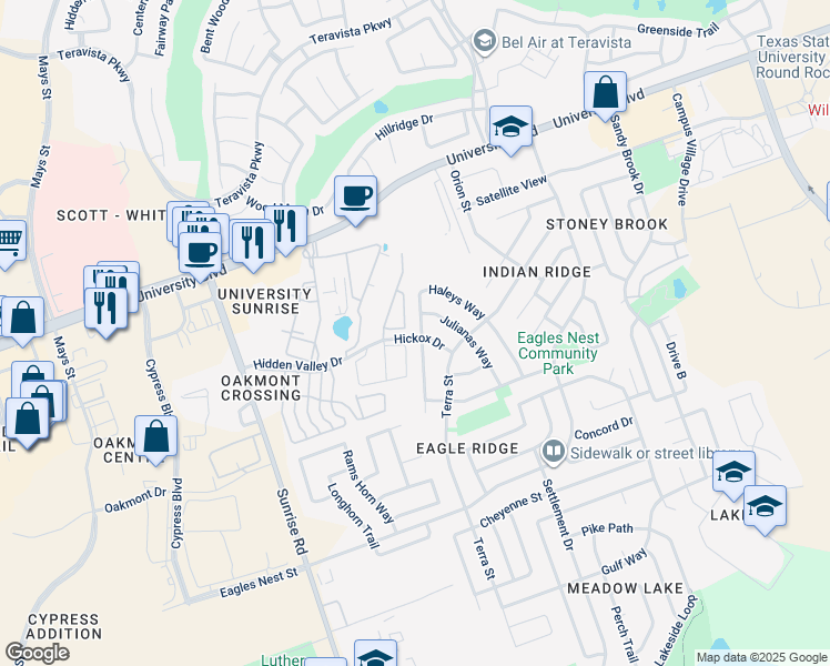 map of restaurants, bars, coffee shops, grocery stores, and more near 3858 Haleys Way in Round Rock