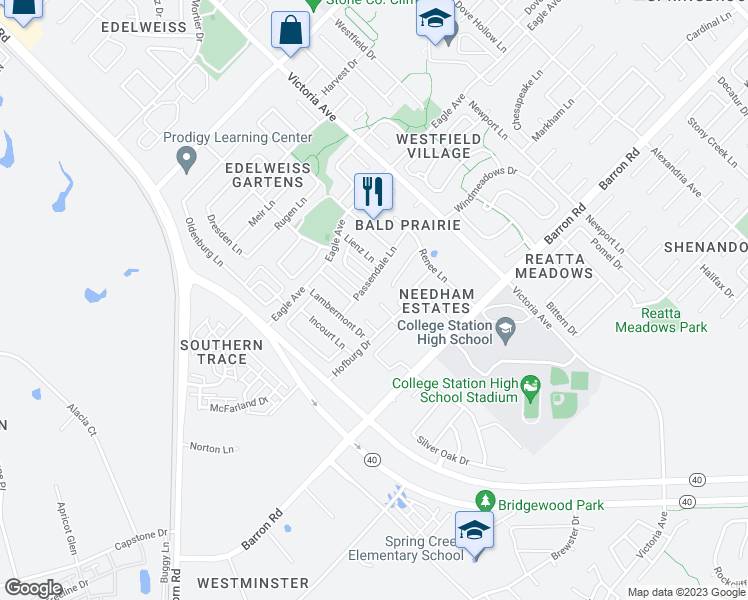 map of restaurants, bars, coffee shops, grocery stores, and more near 4000 Merlemont Court in College Station