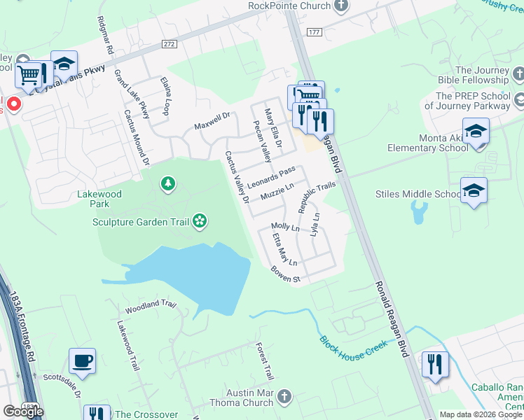 map of restaurants, bars, coffee shops, grocery stores, and more near 2313 Billy Pat Road in Leander