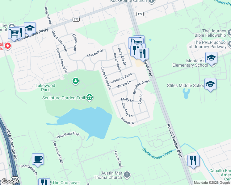 map of restaurants, bars, coffee shops, grocery stores, and more near 2313 Billy Pat Road in Leander