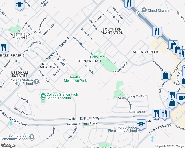 map of restaurants, bars, coffee shops, grocery stores, and more near 1111 Harrisonburg Lane in College Station