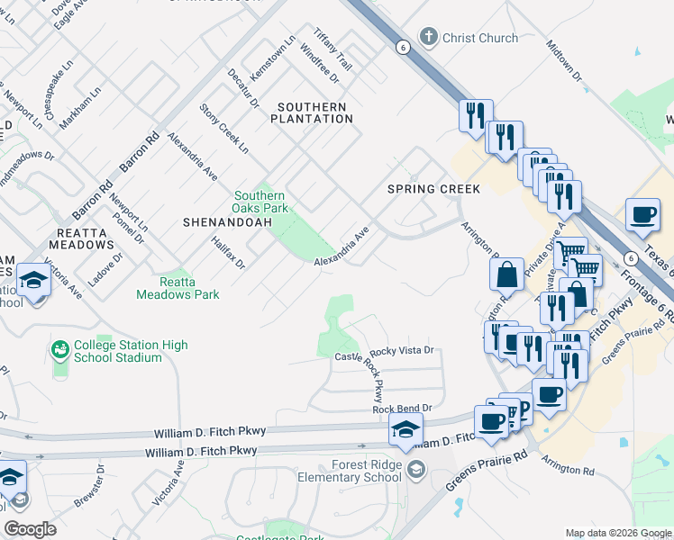 map of restaurants, bars, coffee shops, grocery stores, and more near 4206 Alexandria Avenue in College Station