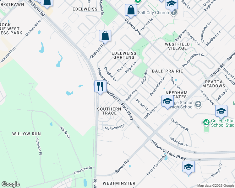 map of restaurants, bars, coffee shops, grocery stores, and more near 3840 Oldenburg Lane in College Station