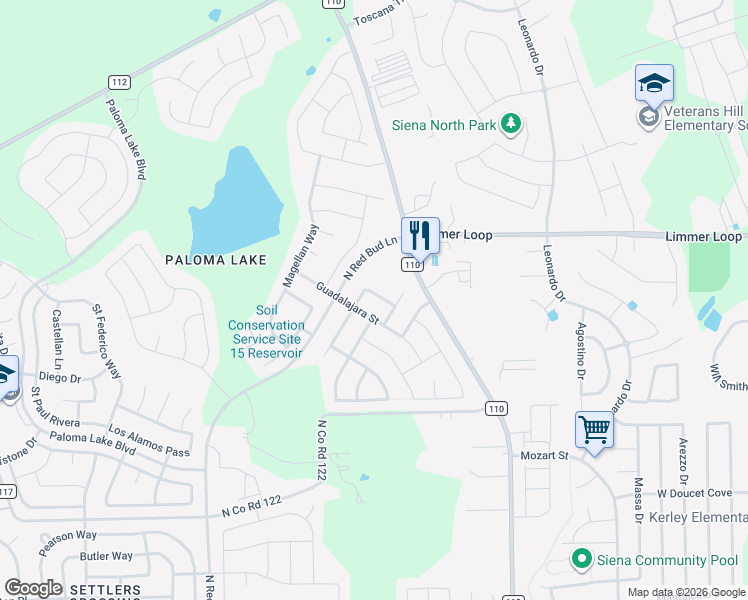 map of restaurants, bars, coffee shops, grocery stores, and more near 3410 Guadalajara Street in Round Rock