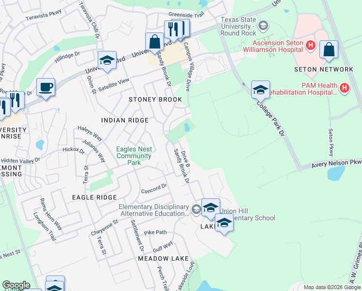 map of restaurants, bars, coffee shops, grocery stores, and more near 3601 Sandy Brook Drive in Round Rock